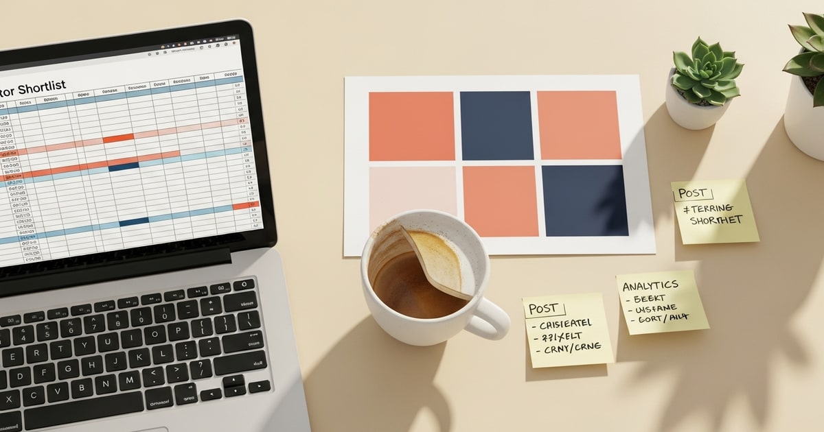Founder reviewing a creator shortlist on a laptop with a coral and navy brand mood board