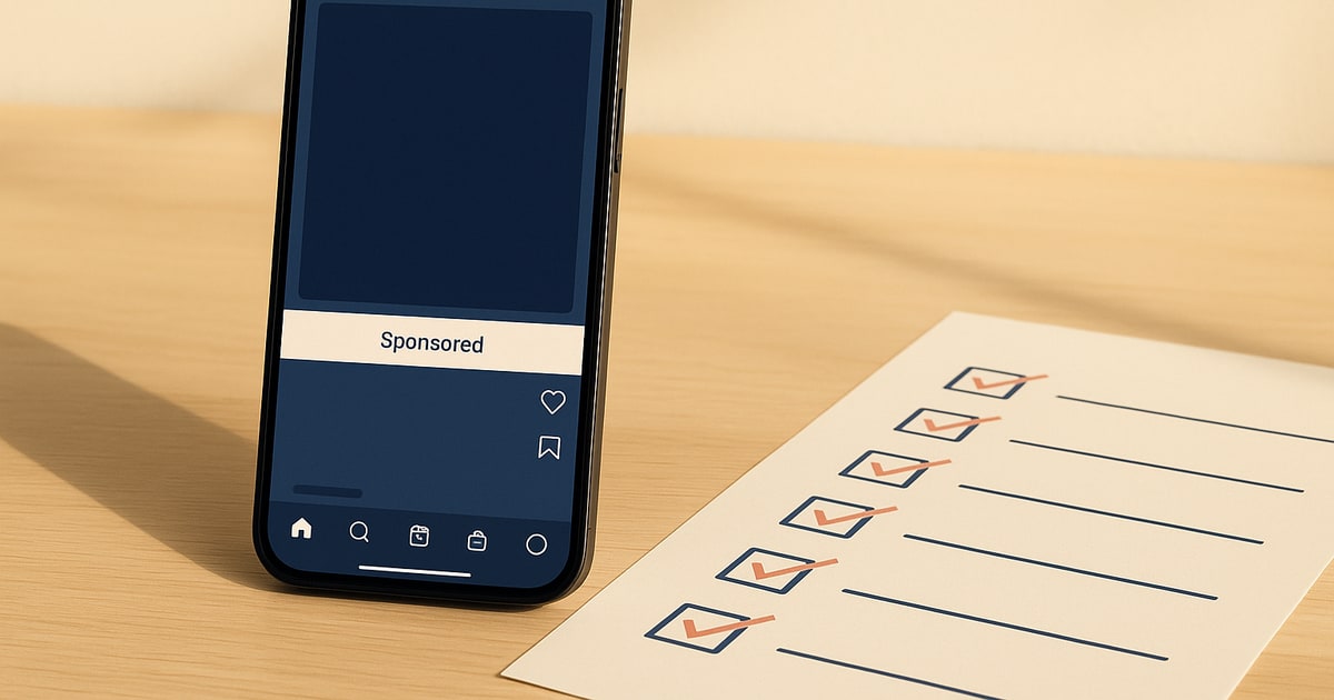 A phone showing a sponsored Instagram post with a checklist on a notepad and a coral pen on a warm cream surface