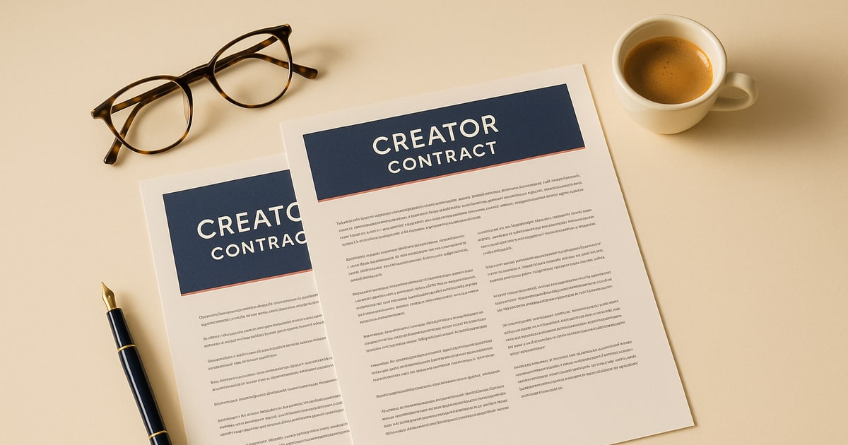 Founder reviewing a one-page creator contract on a warm cream desk with a navy pen and a coffee cup