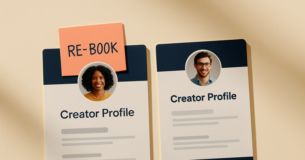 Two open creator profiles side by side on a laptop with a coral sticky note that reads 're-book?' on a warm cream desk