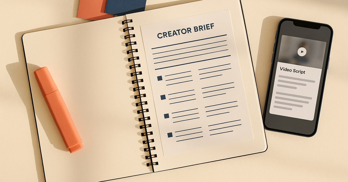 Open notebook on a warm cream desk with a printed creator brief, a coral highlighter, and a phone showing a video script